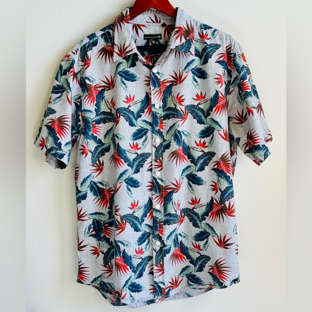 Ocean Current Men’s XL Gray Cotton‎ Hawaiian Floral Camp Short Sleeve Shirt